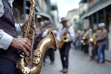 Obraz premium A musician plays saxophone on a bustling city street