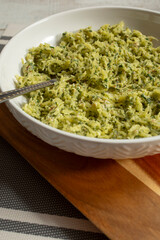 A view of a bowl of pesto spaghetti squash.