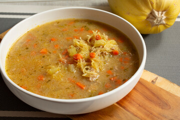 A view of a bowl of spaghetti squash soup.