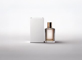 Elegant perfume bottle with golden cap and white box on a clean white backdrop. Simple and minimal product shot for beauty and fragrance concepts.