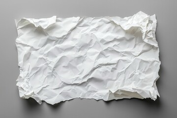 Crumpled white sheet of paper rests on a smooth gray surface, showcasing texture ideal for artistic and design-related uses