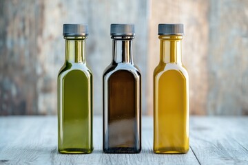 Three glass bottles filled with olive oil placed on a rustic wooden table