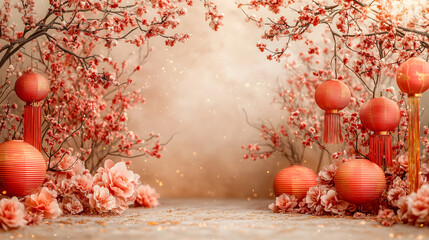 Cherry Blossom Trees and Red Lanterns for Festive Celebration