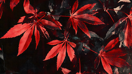 Red maple leaves, close-up, patterned background, photorealistic landscapes, red and gold color scheme