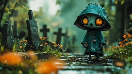 Creepy Hooded Character with Glowing Eyes in a Graveyard