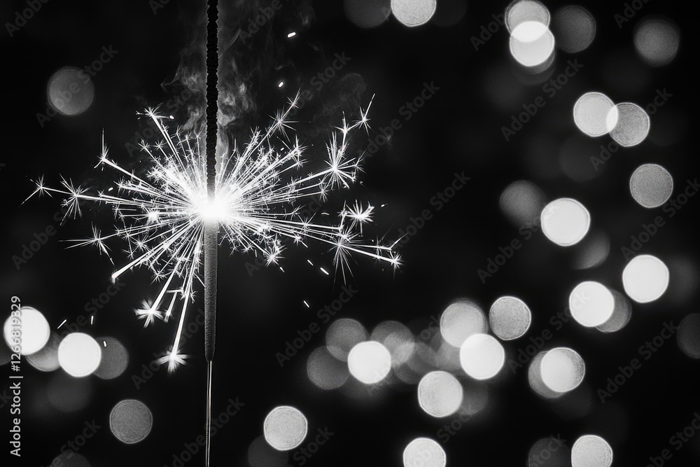 Poster a close-up shot of a single sparkler lit up in black and white