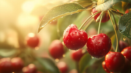 Fresh Cherries with Water Drops on Tree Branch