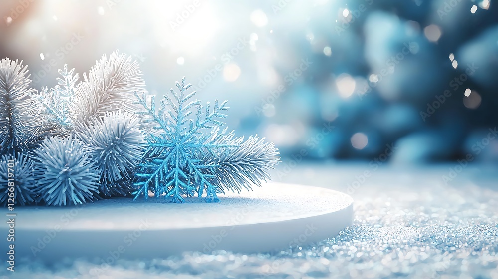 Poster Snowy winter scene with snowflake and pine; product display
