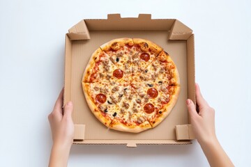 A person holding a pizza box, perfect for foodie and delivery themed images