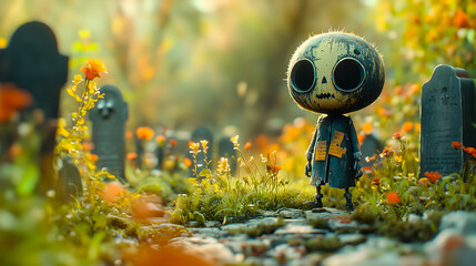 Whimsical Pumpkin Head Character in a Spooky Graveyard