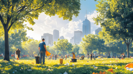 Volunteers Cleaning Up Trash in City Park with Skyscrapers in the Background