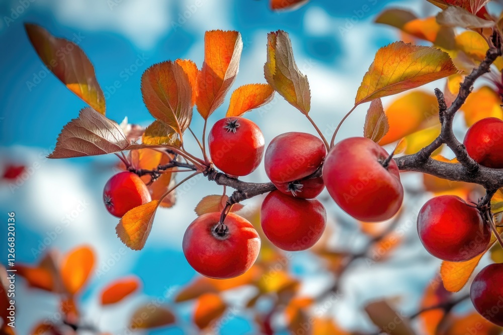 Poster a close-up shot of a variety of fruits growing on a tree branch, suitable for use in food or nature 