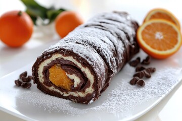 A sweet treat featuring a chocolate roll topped with vibrant orange slices, perfect for a breakfast or snack