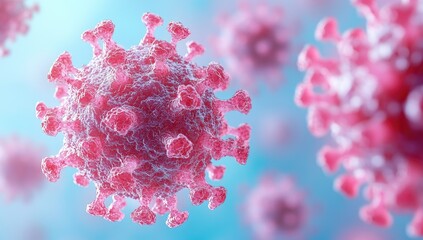 Close up view of multiple pink virus cells against a light blue background, showing intricate details of the virus structure