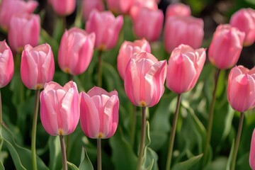 Obraz premium A vibrant field of pink tulips surrounded by lush green leaves