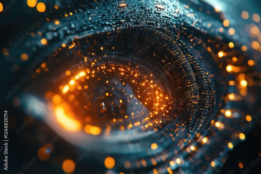 Poster A close-up shot of a circular object with lights in the background, suitable for use in scientific or technical illustrations