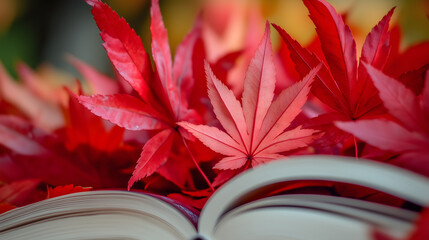 Close-up of red maple leaves, the texture is clearly visible, printed on colored paper with color film