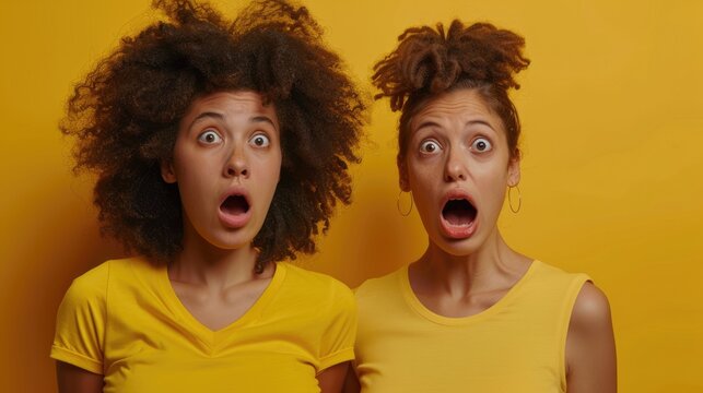 Two surprised women with expressive faces wearing yellow shirts against a vibrant yellow background, capturing a moment of shock
