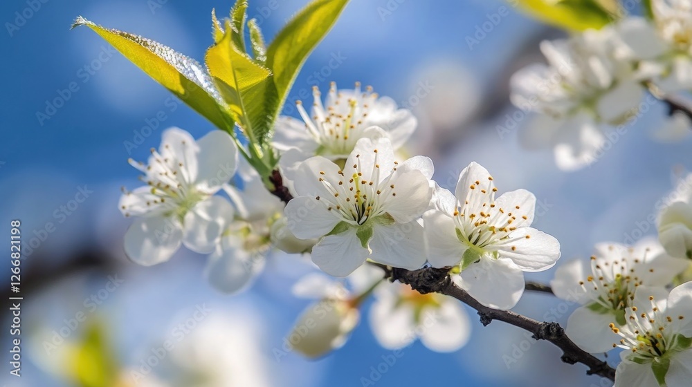Poster a close-up shot of a tree branch featuring white flowers, perfect for use in botanical or nature-ins