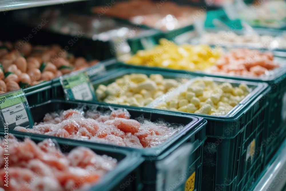 Poster aisles of grocery store with multiple trays of food products displayed