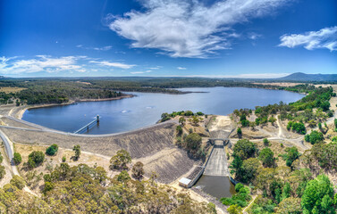 Areal view over the dam wall at the Rosslynne Reservoir, near Gisborne in central Victoria....