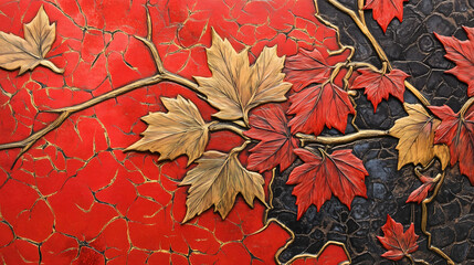 Red maple leaves, close-up, patterned background, photorealistic landscapes, red and gold color scheme