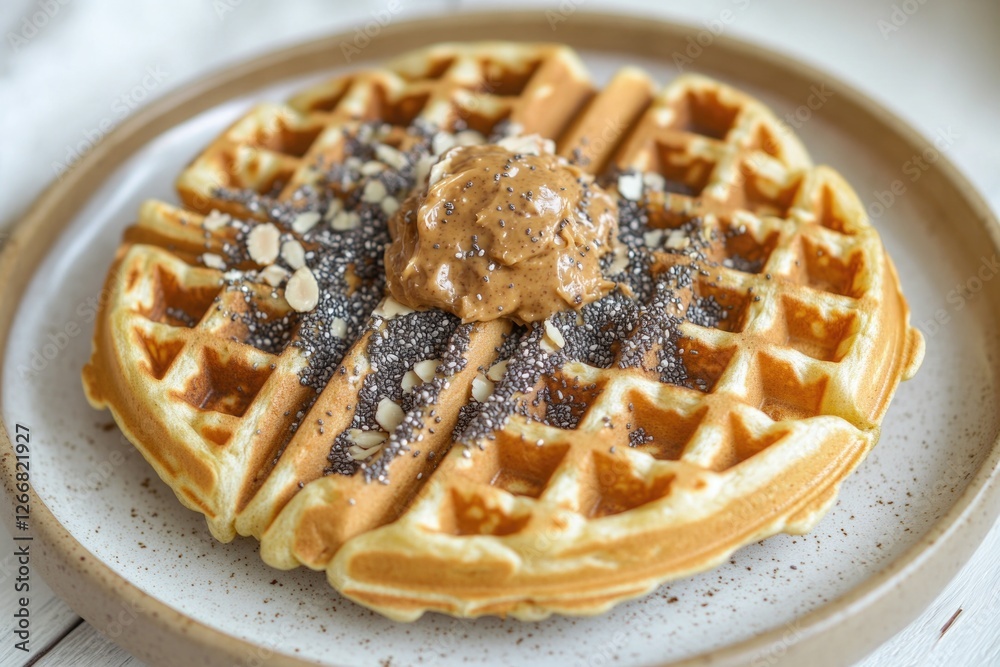 Poster a single waffle served on a plate with a generous scoop of creamy peanut butter