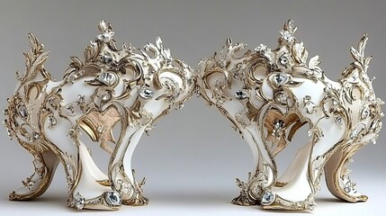 Ornate gold-white heels, studio shot,  luxury fashion,  product photography