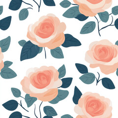 Retro rose floral seamless pattern with leaves, cute pastel colors vector illustration on a white background. Pink flowers in a hand-drawn, simple doodle style, flat vector design.