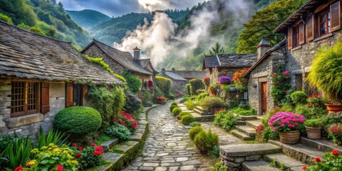 Obraz premium Picturesque Stone Village Nestled in Lush Foliage with Cobblestone Pathway and Vibrant Flower Gardens