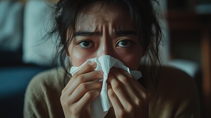 Young Woman Experiencing Illness Holds Tissue To Nose