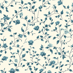"Minimalist repeating Toile de Jouy pattern with tiny rosebuds and leaves, delicately spaced for a soft and subtle design, teal on a cream background