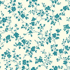 "Minimalist repeating Toile de Jouy pattern with tiny rosebuds and leaves, delicately spaced for a soft and subtle design, teal on a cream background