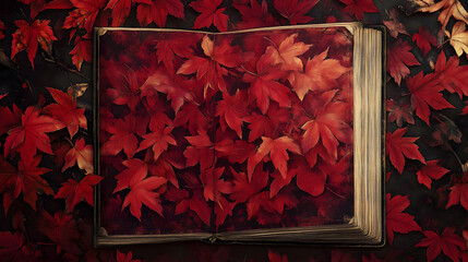 Close-up of red maple leaves, the texture is clearly visible, printed on colored paper with color film