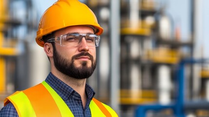 Confident construction worker in safety gear at an industrial site with machinery in background