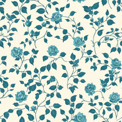"Minimalist repeating Toile de Jouy pattern with tiny rosebuds and leaves, delicately spaced for a soft and subtle design, teal on a cream background