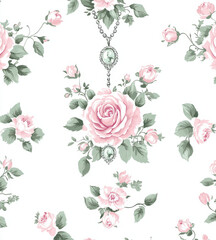 White background with a pink and green floral pattern, vintage shabby chic roses, small floral print, white, pink, and sage green floral, 