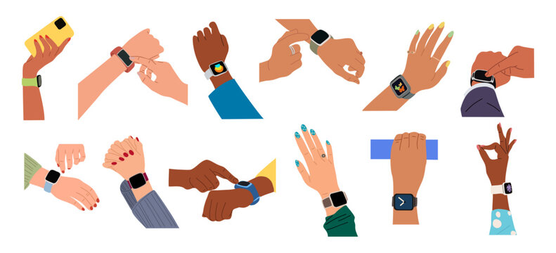 Different hands male and female wearing smart watch on wrist. Modern technology concept. Vector colorful illustrations set isolated on transparent background. 