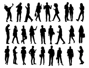 Silhouettes of different people using gadgets. Business men, women holding smartphones, texting, talking, watching news. Group of male, female Vector black icons isolated on transparent background.