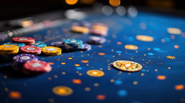 casino chips falling on a blue table, with a black background, high resolution photography
