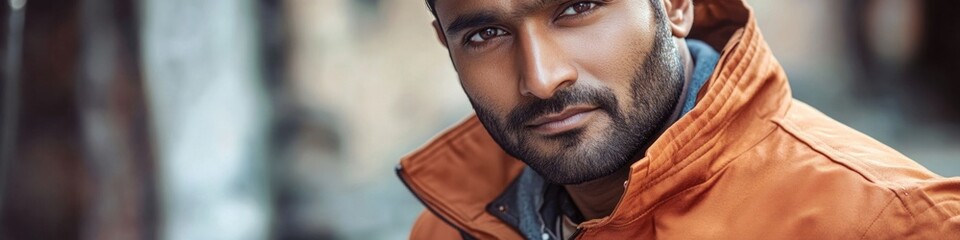 Obraz premium Close-up of a person wearing an orange jacket with a neutral expression