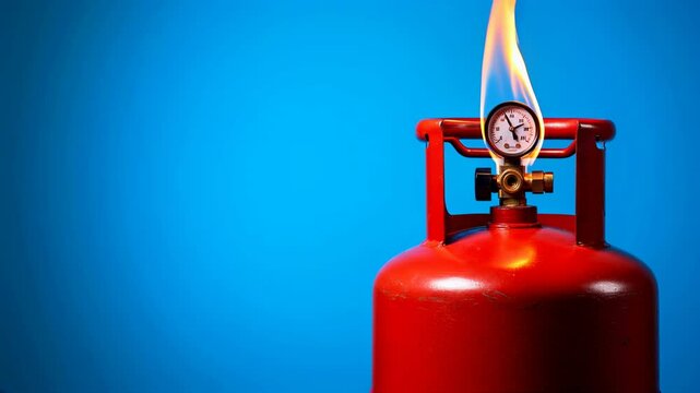 Red propane tank with burning flame shooting from the valve set against a blue background, safety, fuel and energy, for danger, warning theme. Horizontal video