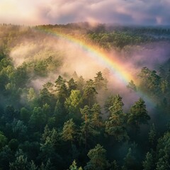 Misty Forest with Rainbow Aerial View