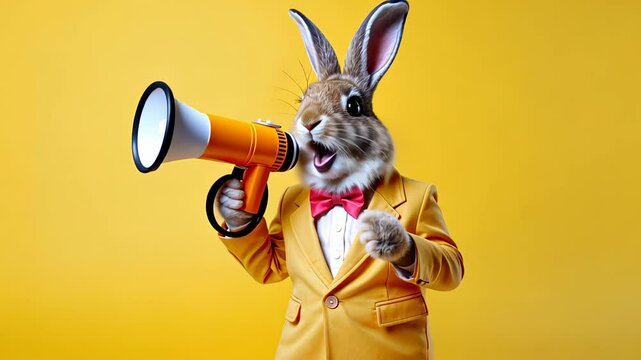 Animated Easter bunny in suit shouting with megaphone on yellow background. Cute rabbit speaking dynamic. Easter sale banner