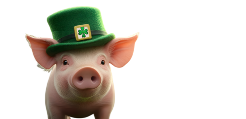 Pig in a green hat, Saint Patrick day illustration on blurred background. Generative AI
