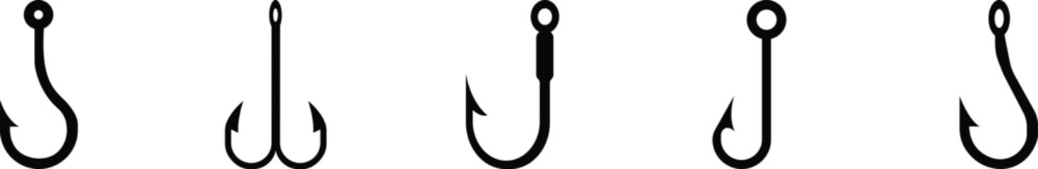 fishing hook icon set.Hook of different shapes for fish on a white background.Design element for poster, card, banner,emblem, sign. Vector illustration.