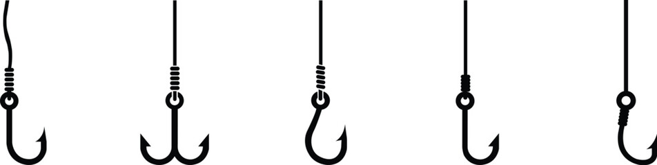 fishing hook icon set.Hook of different shapes for fish on a white background.Design element for poster, card, banner,emblem, sign. Vector illustration.
