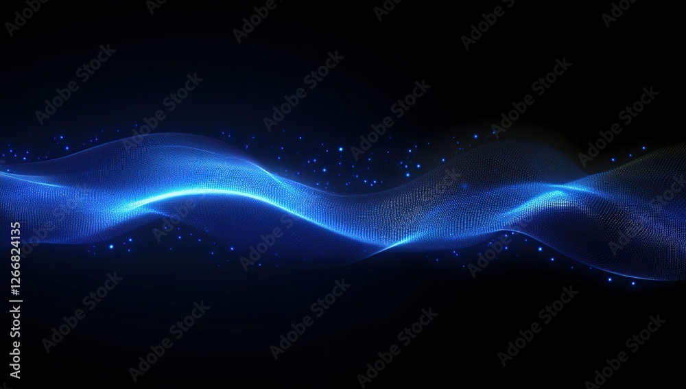 Poster abstract blue glowing particle waves flowing dynamically across dark background, creating a mesmeriz