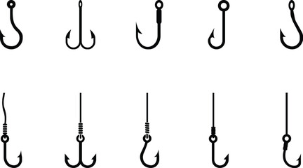 fishing hook icon set.Hook of different shapes for fish on a white background.Design element for poster, card, banner,emblem, sign. Vector illustration.