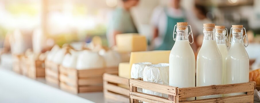 Local dairy products at the fresh market. Fresh milk bottles in rustic baskets surrounded by dairy products in a lively market setting, reflecting a cozy, organic atmosphere.